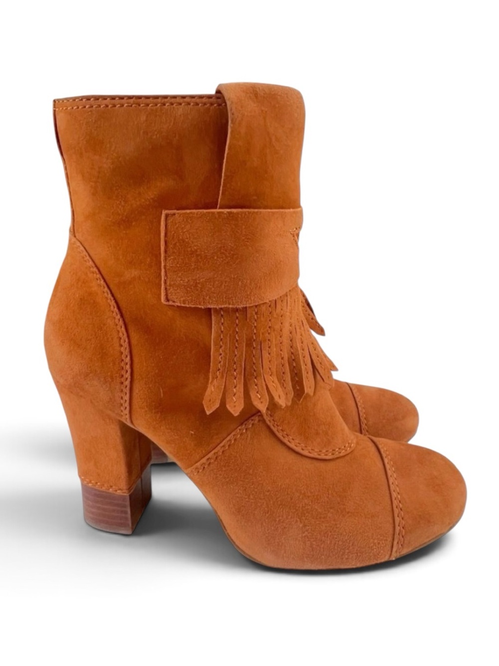 BCBGirls Inkie’s Brown Suede Fringe Roper Style Ankle Boots Side Zip Round Toe